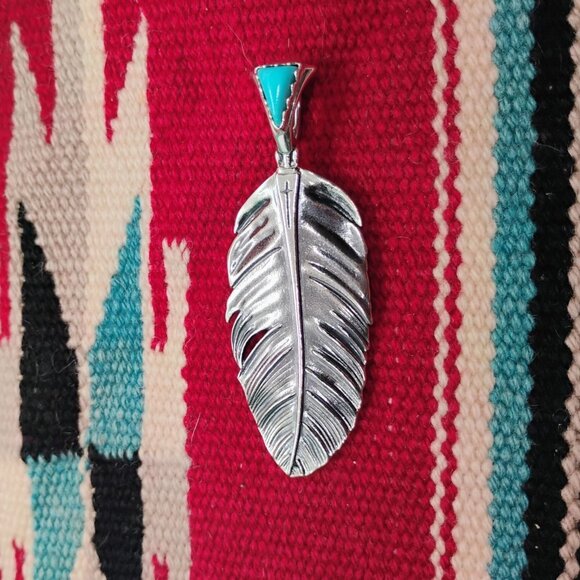 Fritz Casuse Carolyn Pollack Sterling Silver Turquoise Prayer Feather Pendant - Picture 2 of 10